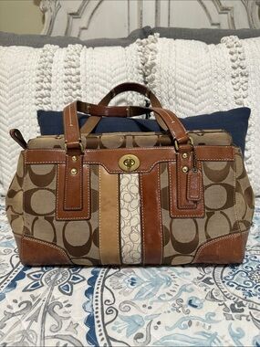 Vintage Coach Brown and Tan Signature Satchel with Leather Trim